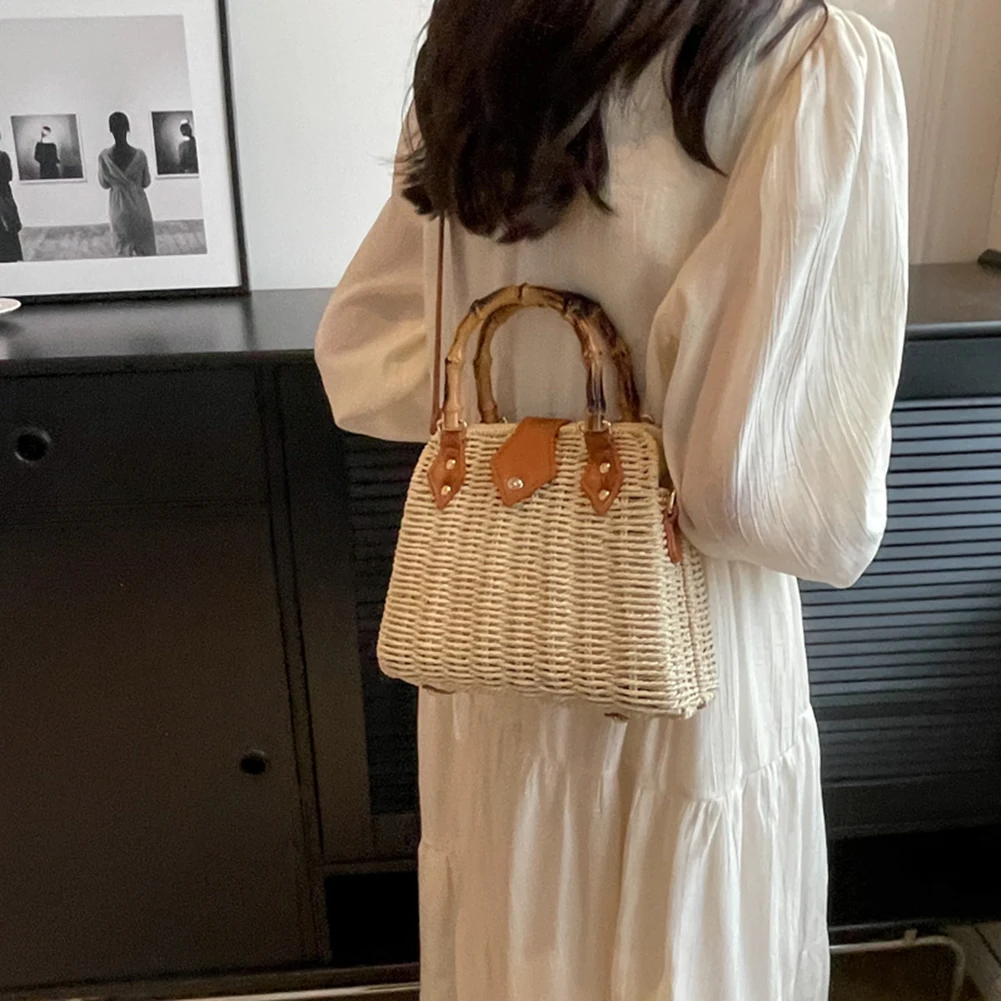 Summer Straw Basket Bags for Women 2023 Bamboo Handle Rattan Bag Handbags Beach Shoulder Crossbody Bag Travel Woven Bags Bohemia