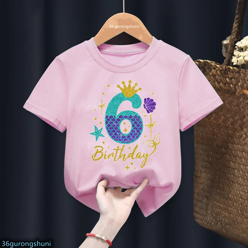 3th/4th/5th/6th Birthday Gift For Girls Tshirt Glitter Mermaid Princess Graphic Print T Shirt Kawaii Kids Clothes Summer Tops 4