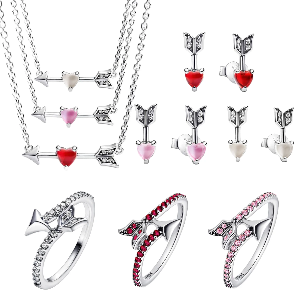 New 925 Silver Ring Colorful Zircon Heart Arrow Ring Set Earrings Necklace Sparkling DIY Women Jewelry Valentine's Day Gift