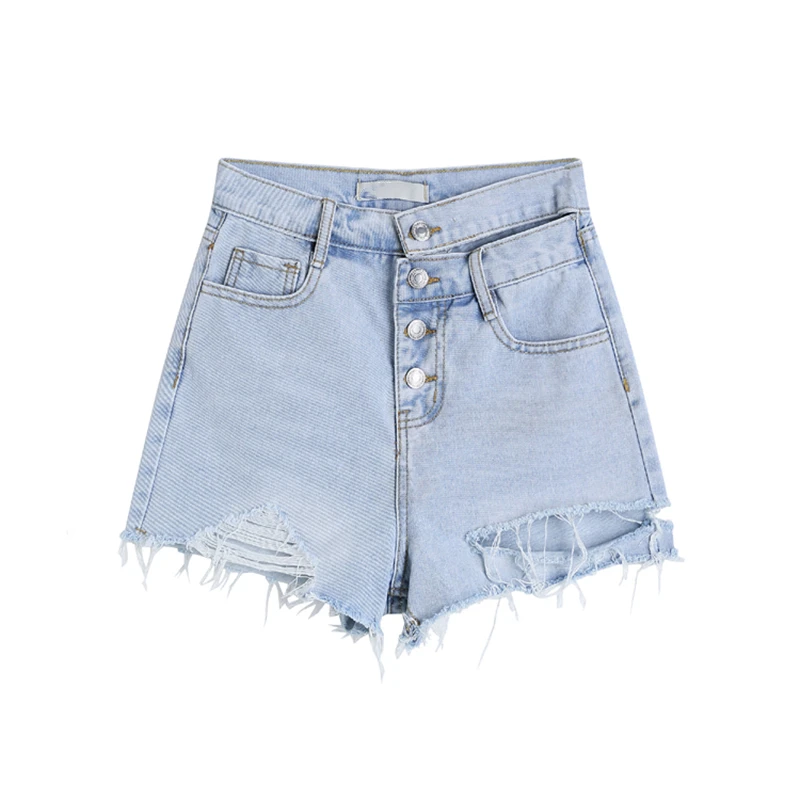 denim shorts Women Ripped Irregular High Waist Blue Denim Shorts Hole Summer Casual Pocket Short Jeans Hot Pants Shorts Fashion Streetwear chino shorts