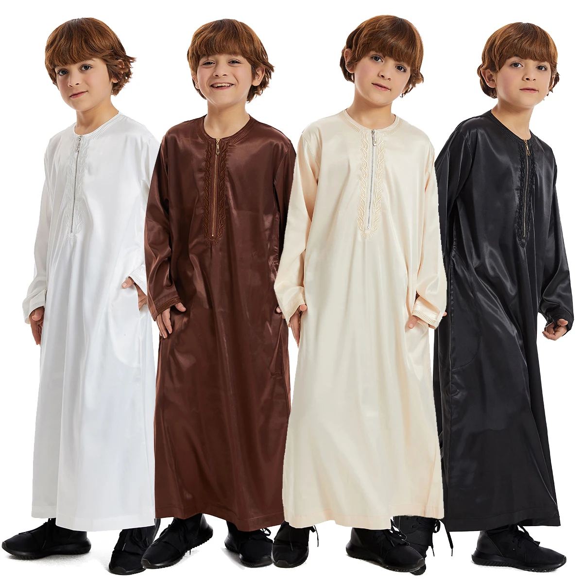 New 2024 Dubai Arab Muslim Kids Boys Clothes Abaya Caftan Robe Islamic Ramadan Clothing Oman Arabic Qatar Child Kaftans Costumes