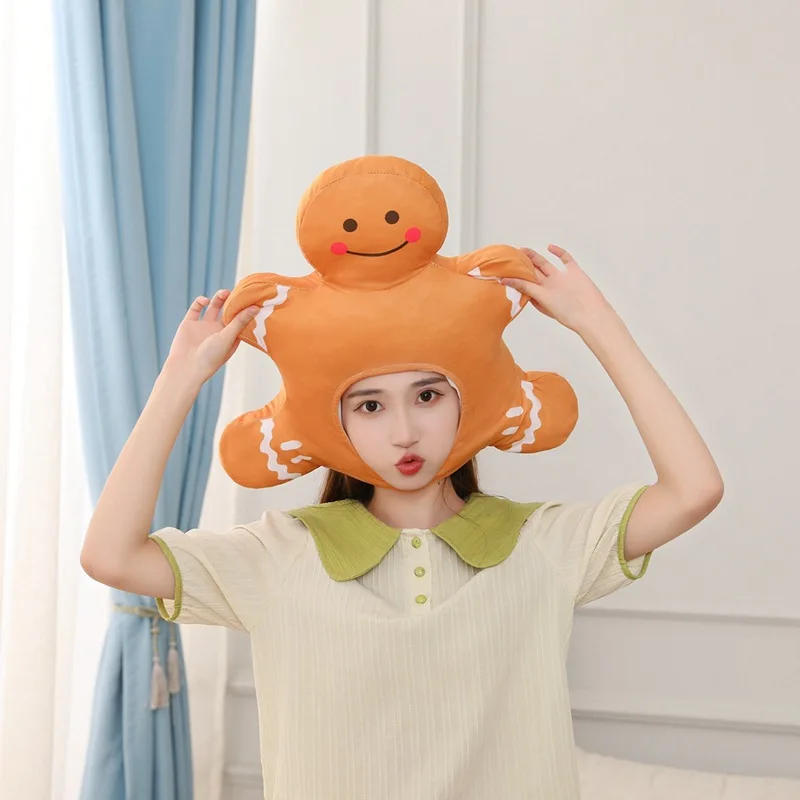 

Cute Gingerbread Man Hat For Women Christmas Cartoon Plush Toy Beanies Cap Funny Headgear Cosplay Headcover Headwear Photo Props