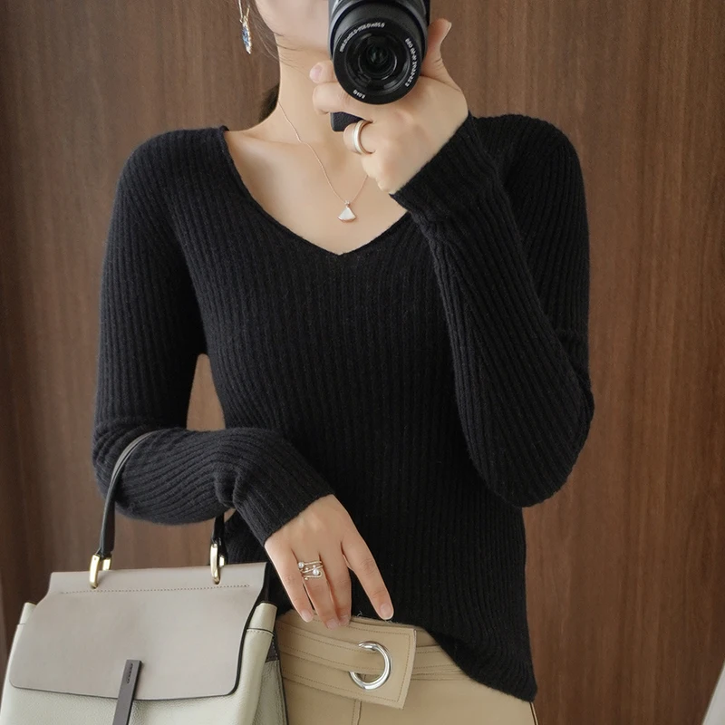 

Autumn and Winter New Women's V-neck Slim Slim 100% Pure Wool Undercoat with Sweater Cashmere Knitted Shirt