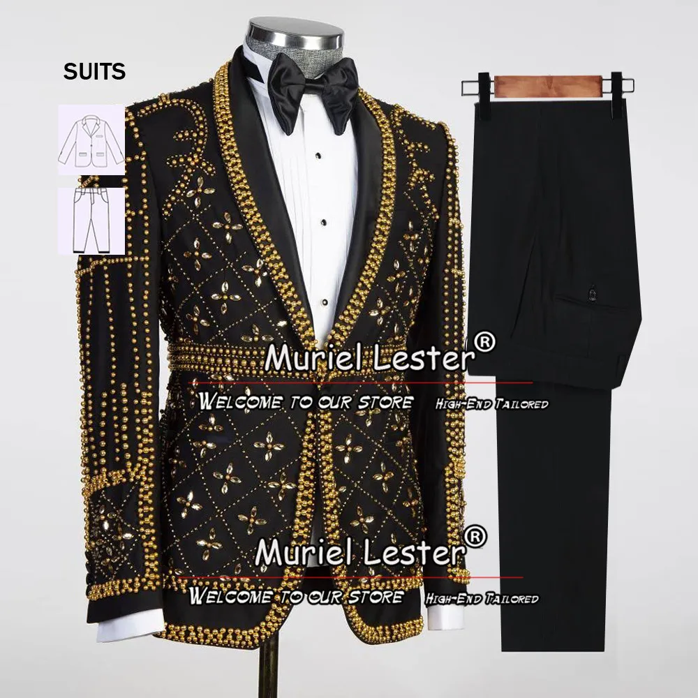 

Luxury Wedding Suits For Men Handmade Gold/Black Beading Jacket Pants 2 Pieces Groom Prom Party Tuxedos Tailor-Made Male Cloting