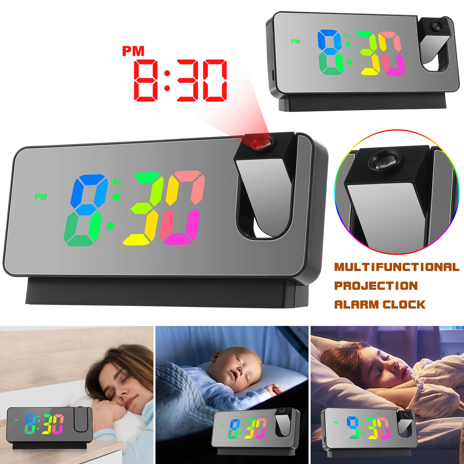 

Projection Alarm Clock Led Digital Clock Projection on Ceiling Wall Temperature Date Display Bedside Clock for Bedroom White