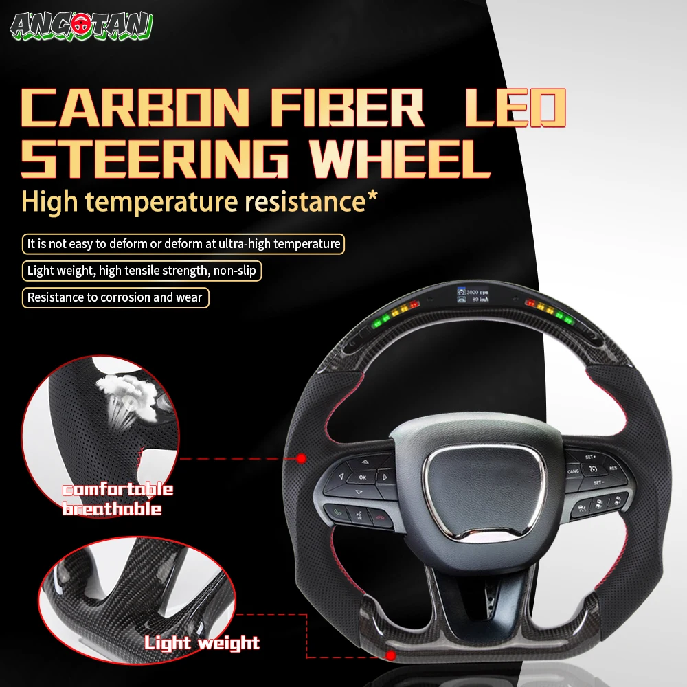Dodge Challenger Charger 2015-2024 Jeep Grand Cherokee SRT 2014-2024 Preforated Leather 용 건식 LED 탄소 섬유 스티어링 휠