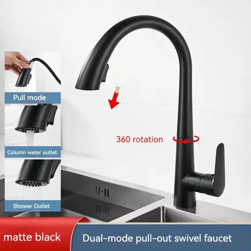 Household kitchen sink faucet, pull-out splash proof swan neck faucet, cold and hot rotating All copper