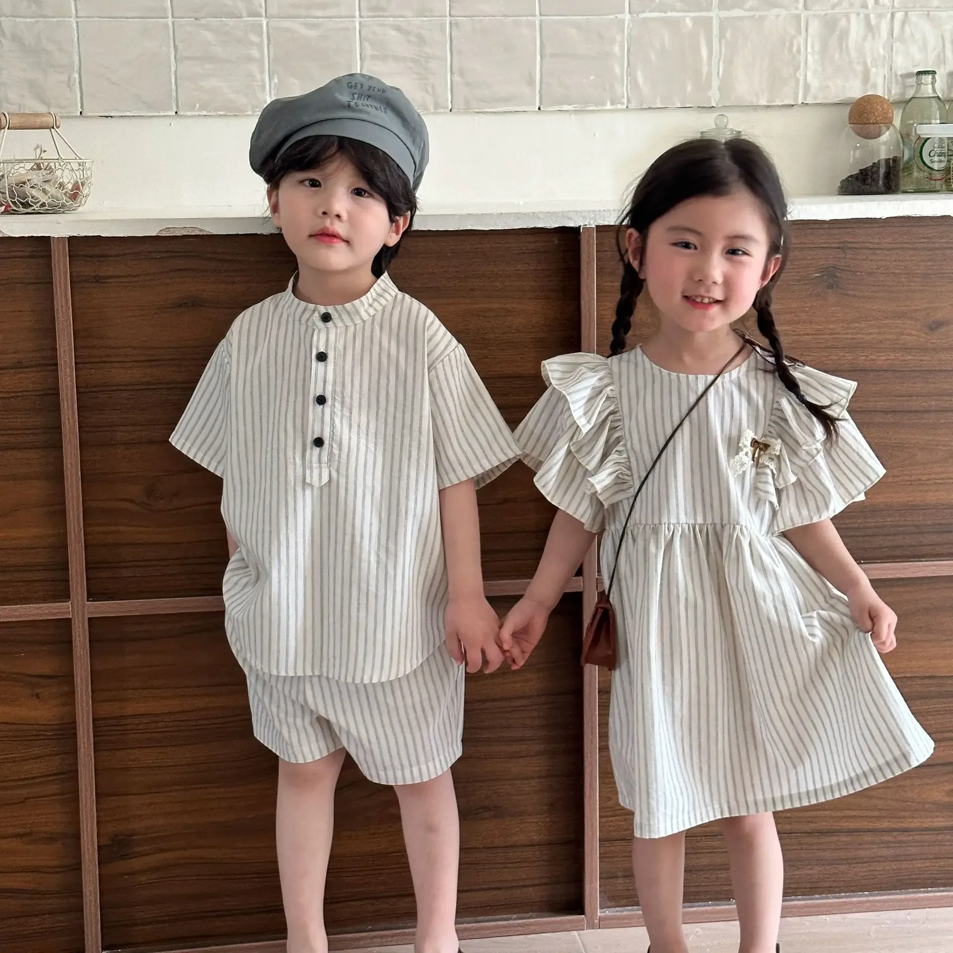 Children's Matching Set Baby Boys 2 Pcs Suit Girls Ruffles Dress Striped Print Kids Clothing Sets Sister Brother Cotton Costumes