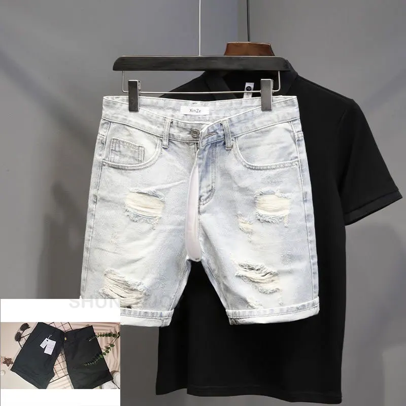 Ripped Denim Shorts Men's Invisible Open-Seat Pants Jeans Male 2023 Summer New Korean Style Trendy Ins All-Match Denim Shorts