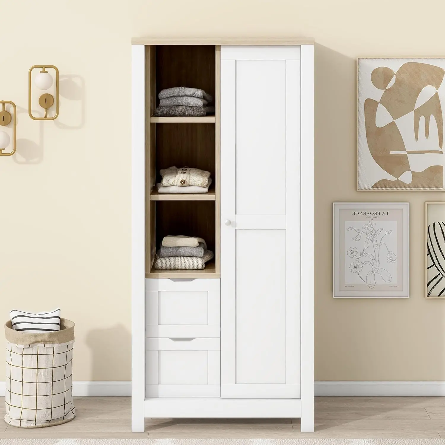 Kids Armoire Wardrobe Closet, Small Wardrobe Closet with 2 Hanging Rods and Drawers, Freestanding Wood Closet with Shel