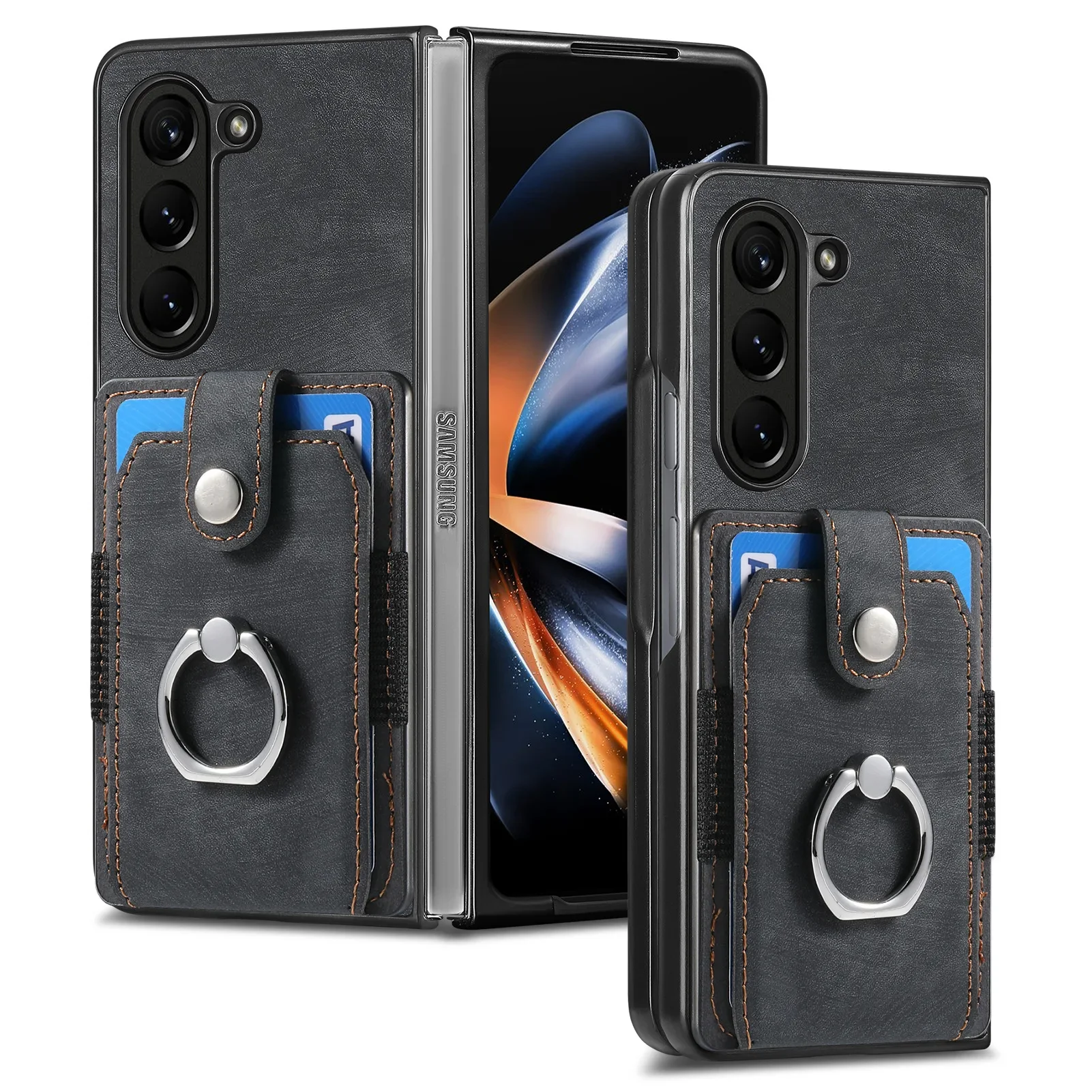 Retro Leather Ring Wallet Phone Case with Card Holder and Protective Cover