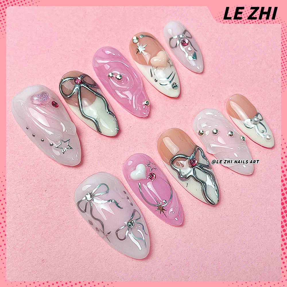 French Bowknot Classic Hand Painting Press on Nails Pink Short Almond Fashion Irregular Line Decor Wearable Fake Nail Art Gift