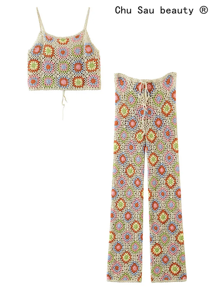 

2022 New Summer Boho Ethnic Style Hand Crocheted Stitching Hollow Short Camisole Women Crop Top + Straight Pants Sets Female