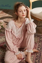 

Spring Autumn Girlfriends Dress Retro Sweet Round Neck Long Sleeve Loose Pajamas Suit Lace Can Be Wearable Home Clothes Women