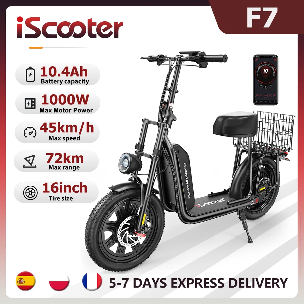iScooter F7 48V 1000W Monopattino Elettrico 45km/h 72km di Autonomia Controllo App Pneumatici All-Terrain da 16 Pollici Cestino Posteriore Pieghevole Perfetto per le Spesa