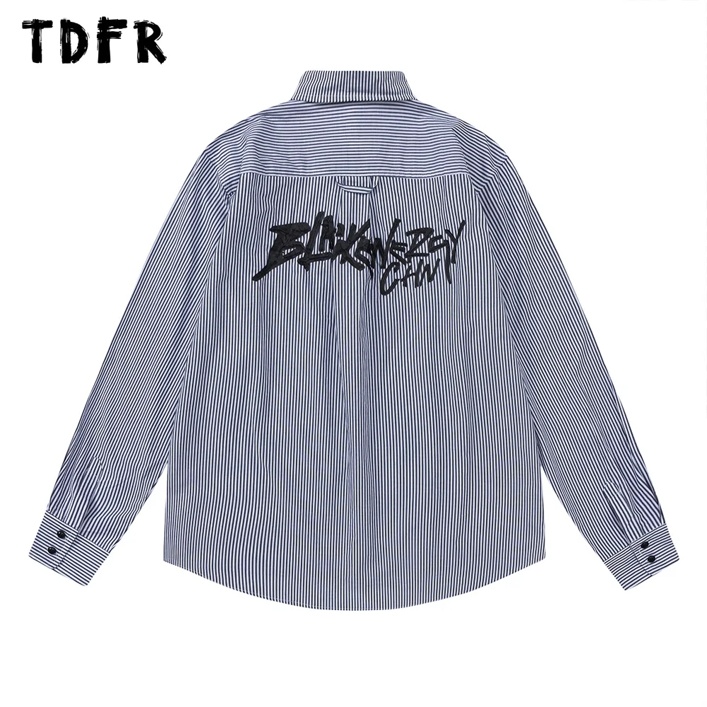 

Letter Print Striped Shirt Mens Autumn Amekaji Lapel Long Sleeve Single Breasted Shirt Men Top
