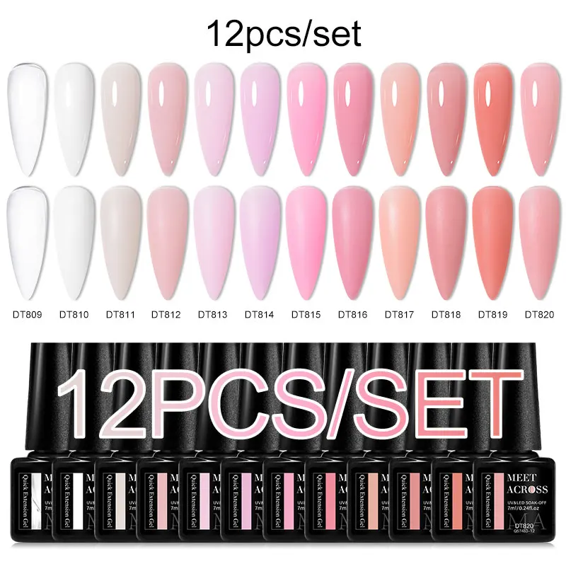 MEET ACROSS 12PCS/SET Quick Extension Gel For Nails Gold Pink Red Foils Semi Permanent Nail Art Gel Varnishes Manicure Kits 4