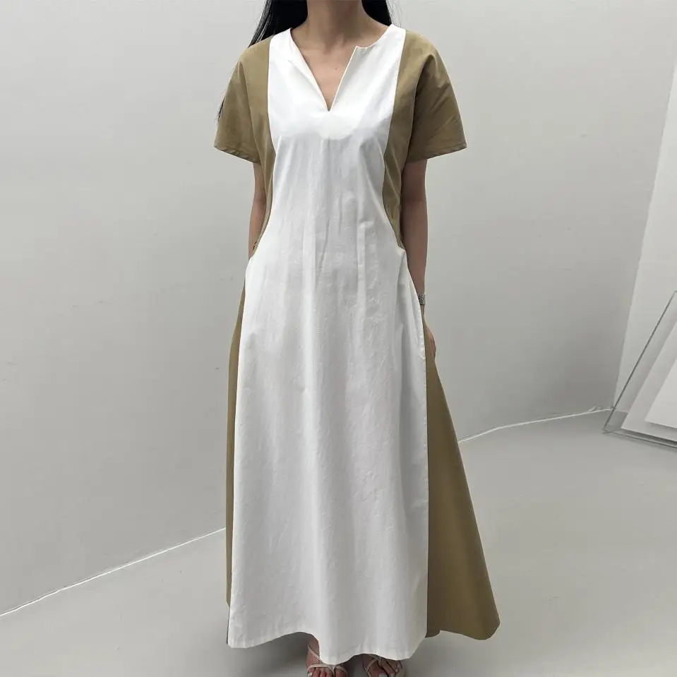 

Korean Style Block Color Patchwork Pregnancy Summer Clothes Batwing Sleeve V-Neck Maternity Bud Dress Pregnant Woman Dress+Belt