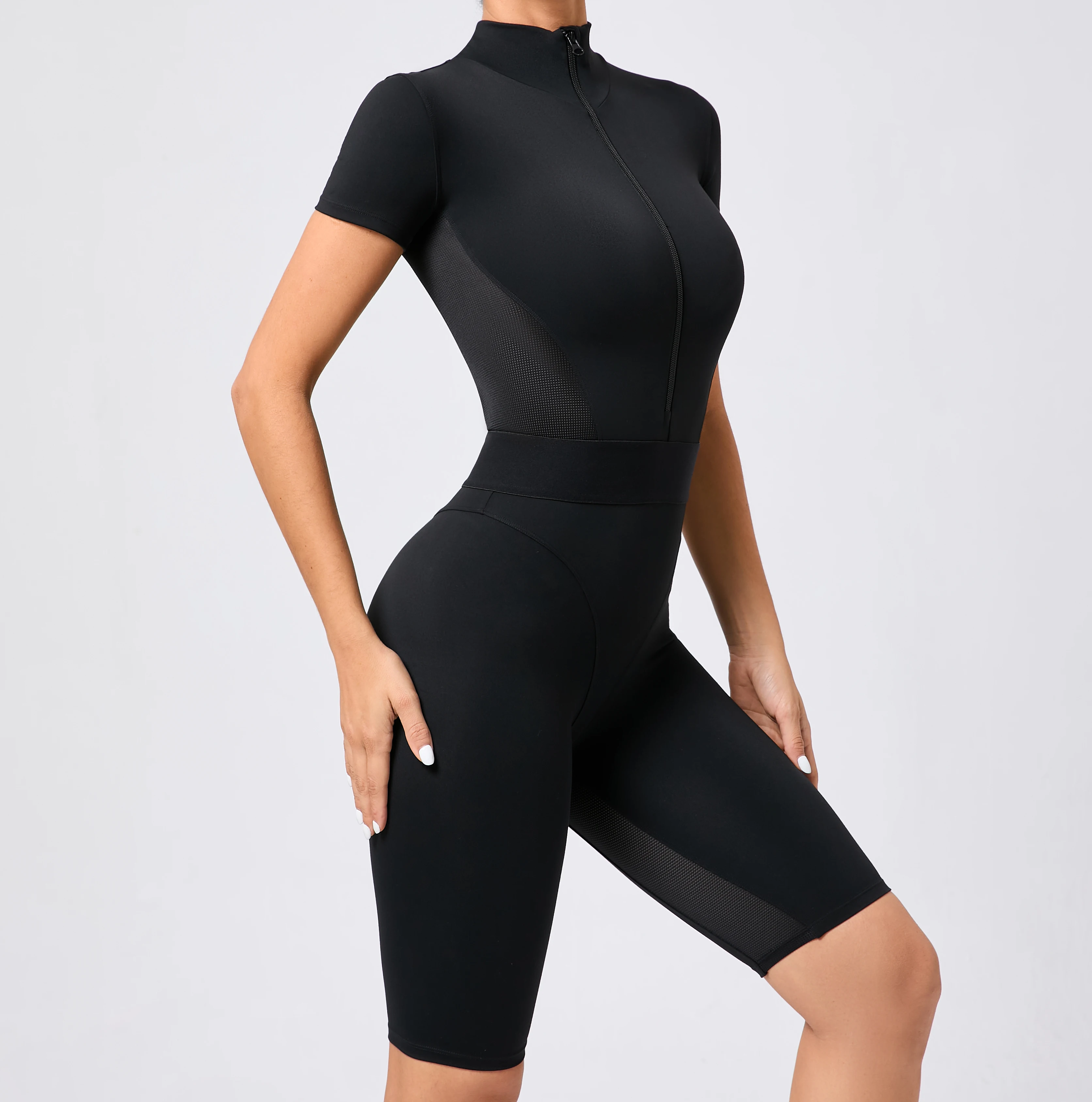 Damen einteiliger Anzug Reiß verschluss Kurzarm Fitness studio Push-up Trainings kleidung Fitness kurze Bodysuit Sportswear Overalls – Detail 3