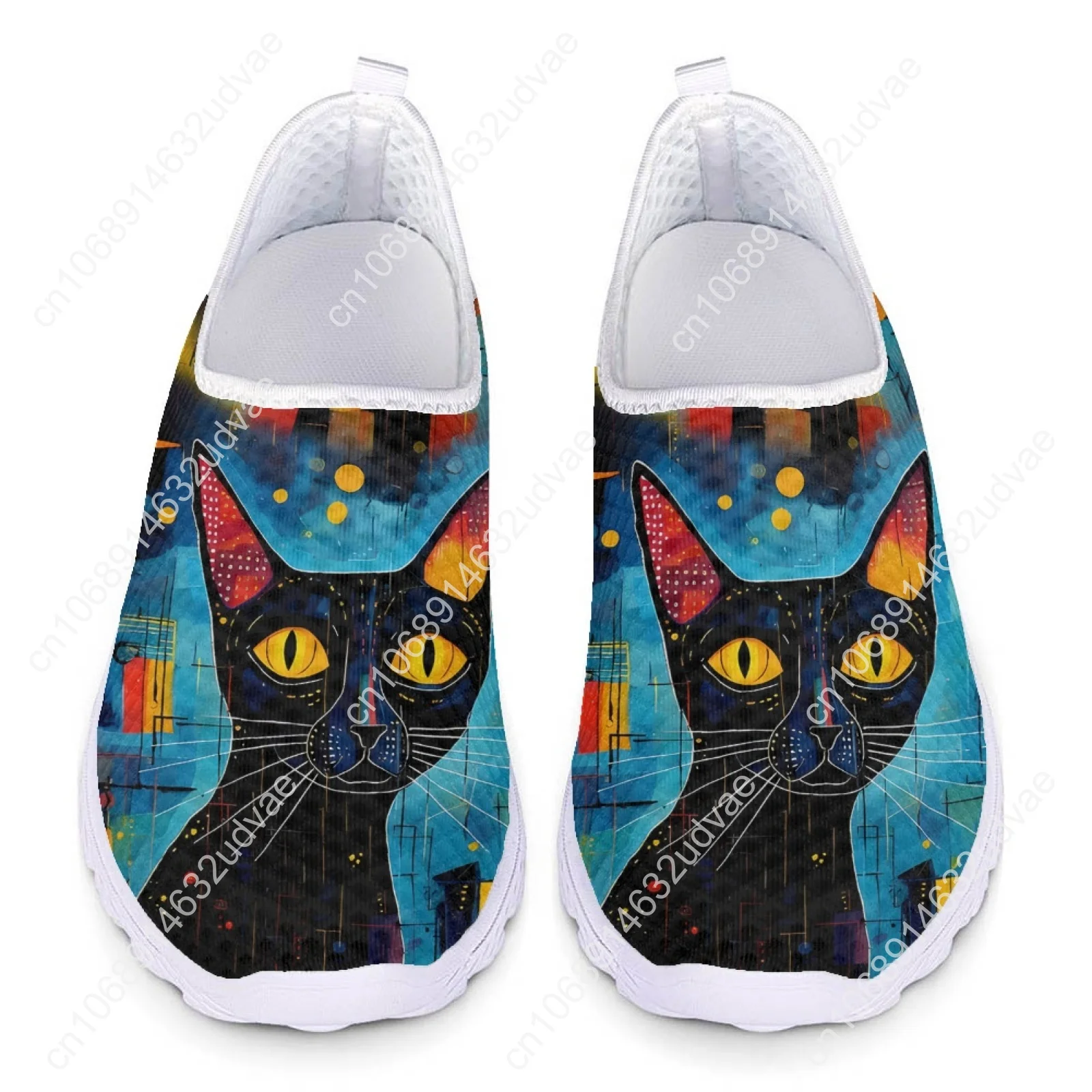 Slip On Shoes For Women Hand Painted Black Cat Designer Summer Mesh Shoes Lightweight Home Loafers Cartoon Cat Shoes