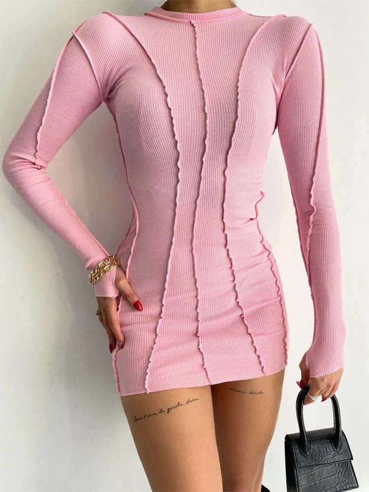 Screw Thread Mini Dress For Women 2025 Spring Ribbed Long Sleeve Bodycon Dresses Pink Streerwear Elastic Casual Vestidos