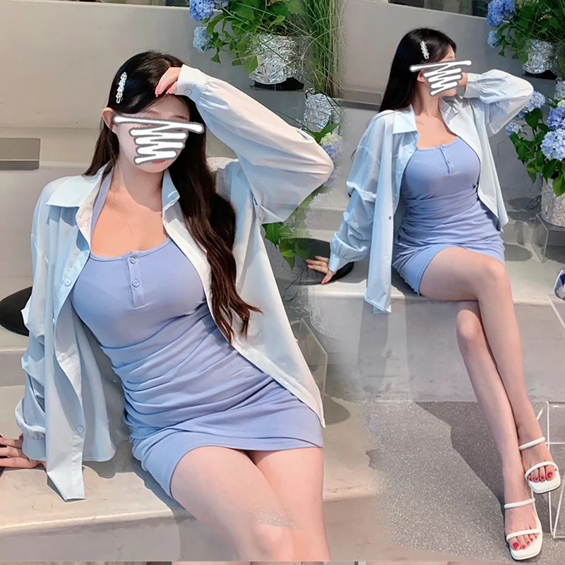 한국 스타일 임산부 의류 세트, 우아한 홀터 칼라, 민소매 원피스 긴팔 셔츠, 트윈셋 임신 정장, 2024 여름