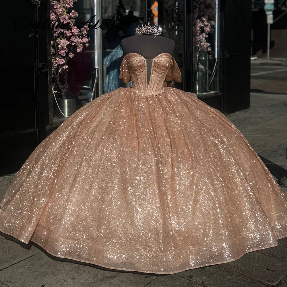 

Shinning Princess Pink Corset Off The Shoulder Quinceanera Dresses Ball Gown Dress Lovely Beaded vestidos de quinceañera aqua