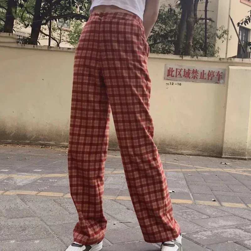 Women Harajuku Retro Plaid Pants Fashion High Waist Straight Pant Women Vintage Trousers Checkered Sweatpant Streetwear Girls black white checkered patchwork micro flared denim trousers hip hop splashed ink logging pants for men slim washed torn jeans