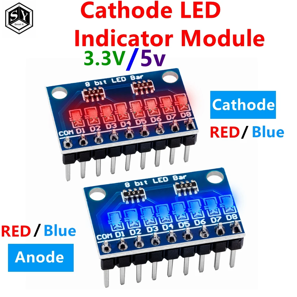 3.3V 5V 8 Bit Blue / Red Common Anode / Cathode LED Indicator Module ...