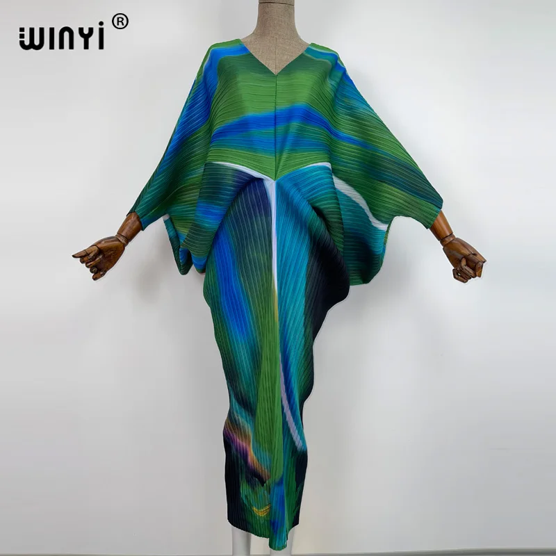 

plissado mulher vestido hit cor v colarinho batwing manga longa solta bezerro vestidos de comprimento longo estilo casual Spring