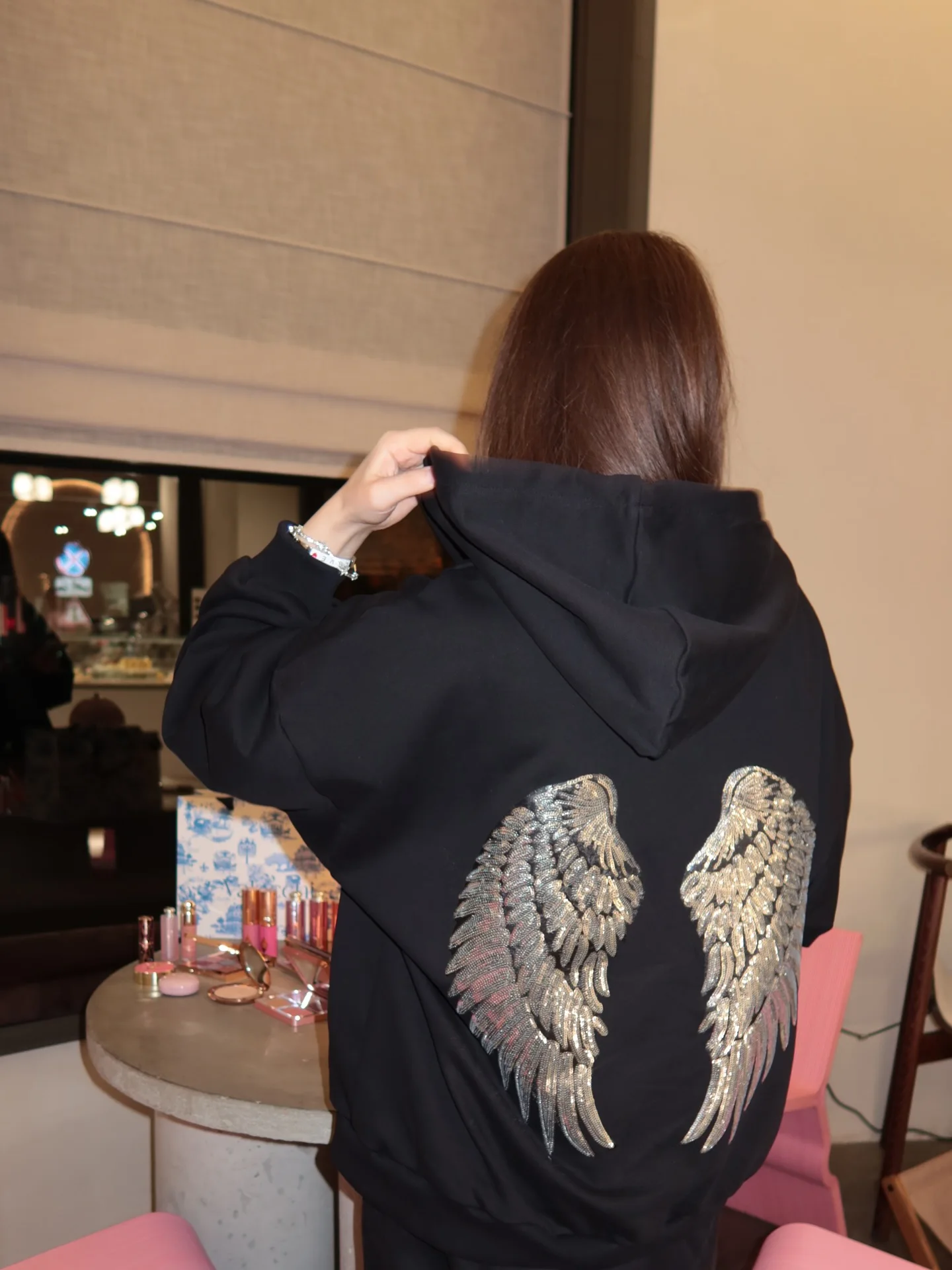 High Quality Cotton Sequins Decoration Zip Up Hoodie Y2k Harajuku Women Angel's Wings Embroidery Loose Streetwear Sweatshirts