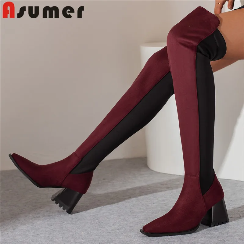 

ASUMER 2024 Size 34-48 New Square Toe Thick High Heels Shoes Flock Over The Knee Boots Ladies Mixed Colors Winter Boots