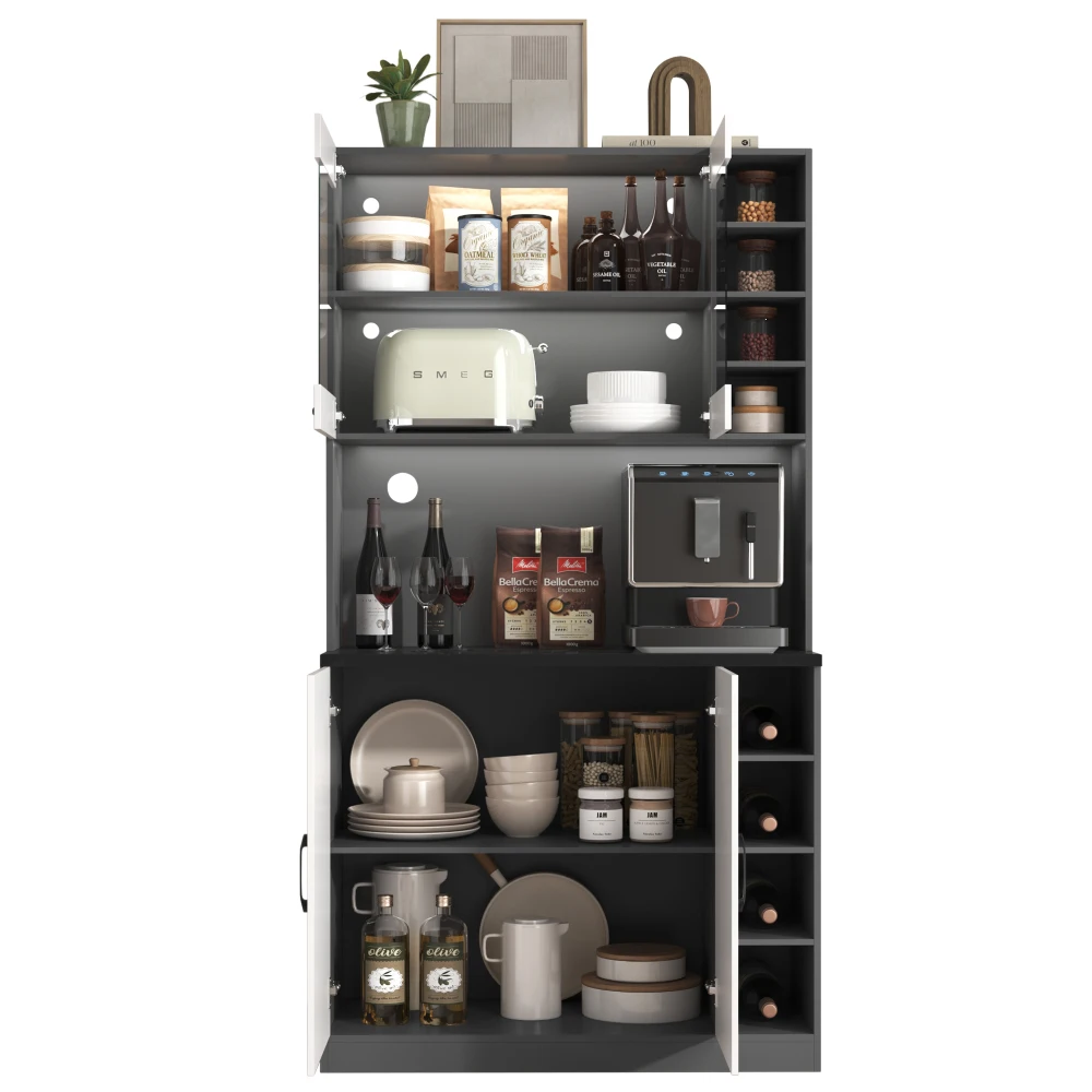 Küchenbuffetschrank mit LED-Leuchten | Freistehendes Highboard aus Holz | Großer Mikrowellenraum und verstellbarer Stauraum | Kabellöcher. – Detail 32