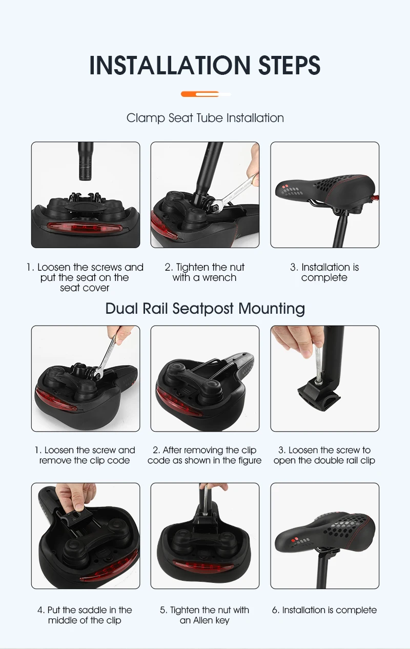 WEST BIKING Bicycle Saddle with Taillight Breathable Shock Absorption Waterproof PU Leather Bike Seat Cushion for MTB Road Bike