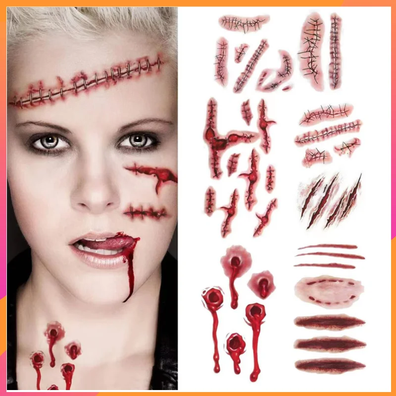 

New Halloween Zombie Scars Temporary Tattoos With Fake Scab Bloody Makeup Halloween Decoration Wound Scary Blood Injury Sticker