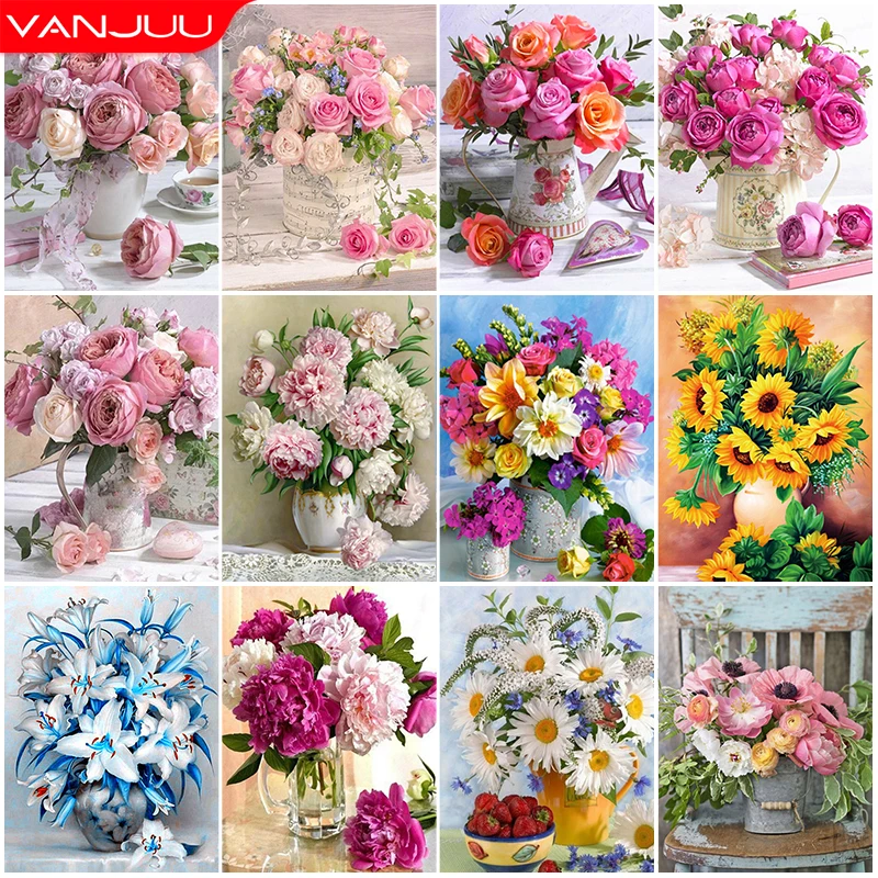 Diamond Painting 5D DIY Flowers Vase Cross Stitch Kit Full Drill Embroidery Mosaic Rose Art Picture Of Rhinestones Gift Decor