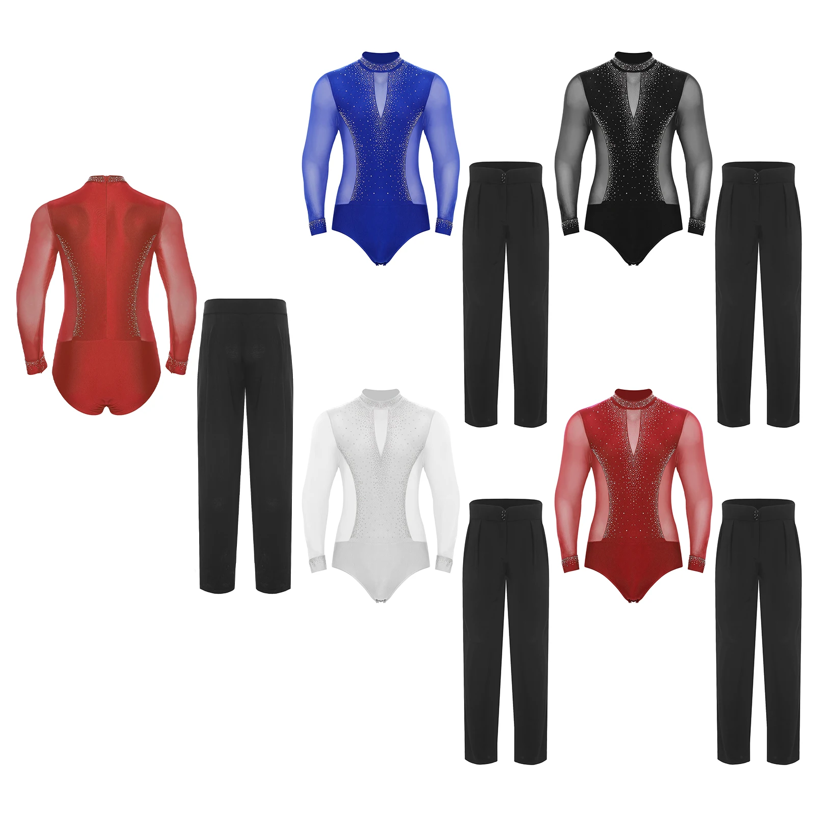 Men Dance Costumes Latin Skating Chacha Outfits Dancewear Long Sleeve Rhinestones Mesh Leotard Bodysuit and High Waist Pants
