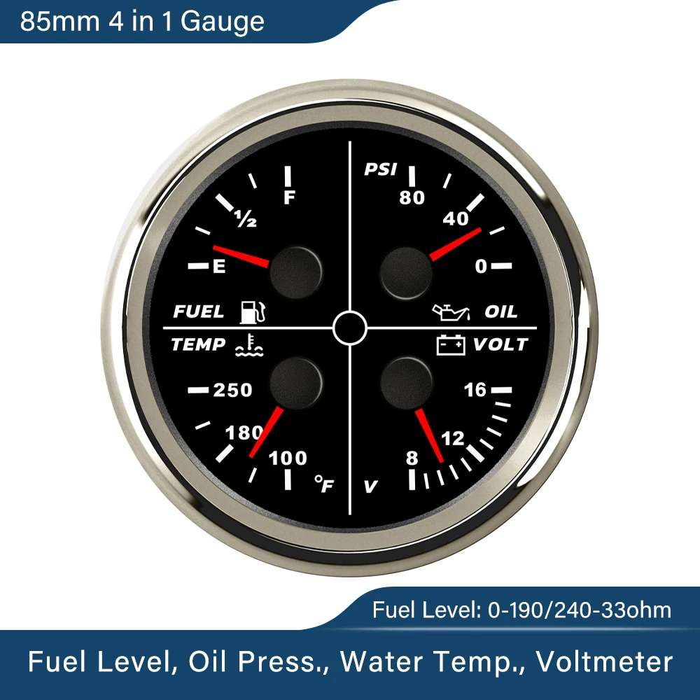 ELING Waterproof 85mm 4 in 1 Gauge Oil Pressure Water Temp Fuel Level Voltmeter For Auto Marine Motor