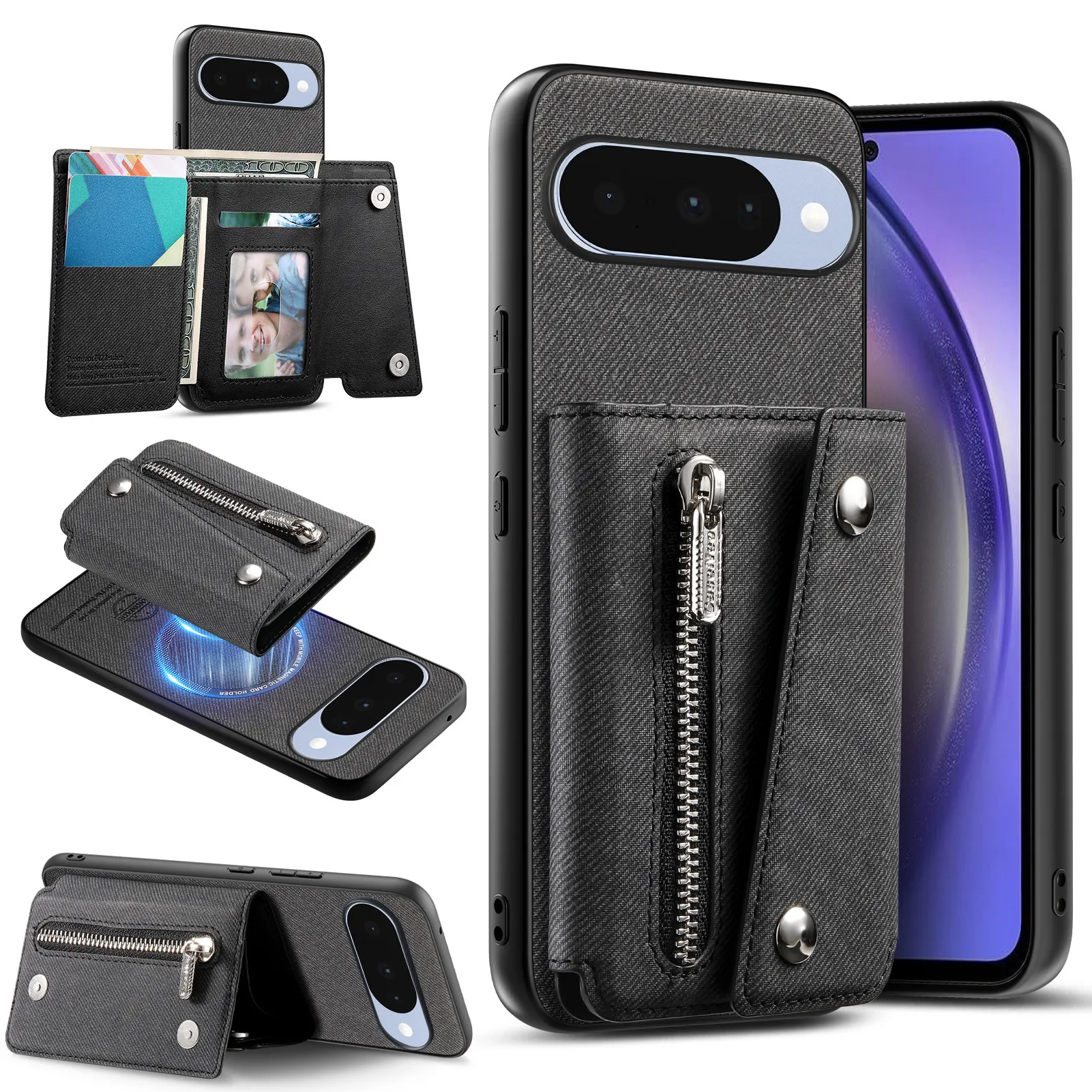 Versatile Magnetic Wallet Phone Case with Card Holder & Zipper Pocket