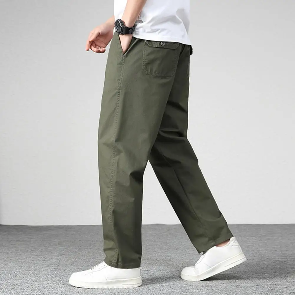 Men Pants Straight Loose Multi Pockets Solid Color Mid Waist Thin Casual Smooth Soft Breathable Men Summer Fall Trousers 1