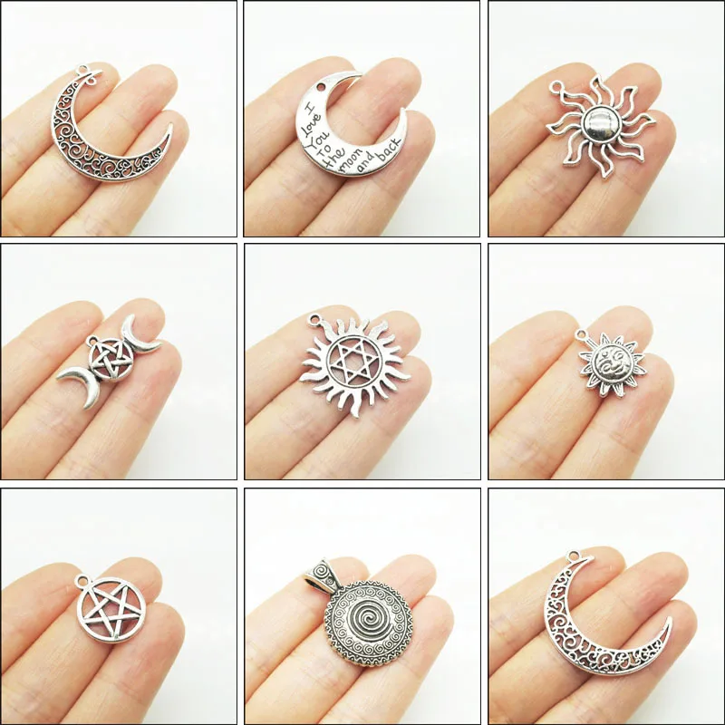 

New Retro Sun Flower Moon Star Charms Antiqued Silver Plated Pendants For Gifts Jewelry