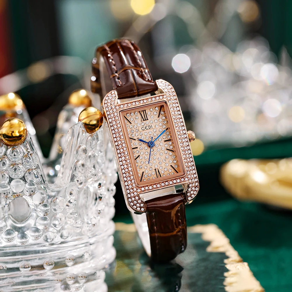 

GEDI Rectangle Waterproof Watch for Women Luxury Diamond Roman Dial Leather Strap Ladies Fashion Watches Woman Quartz Clock Gift