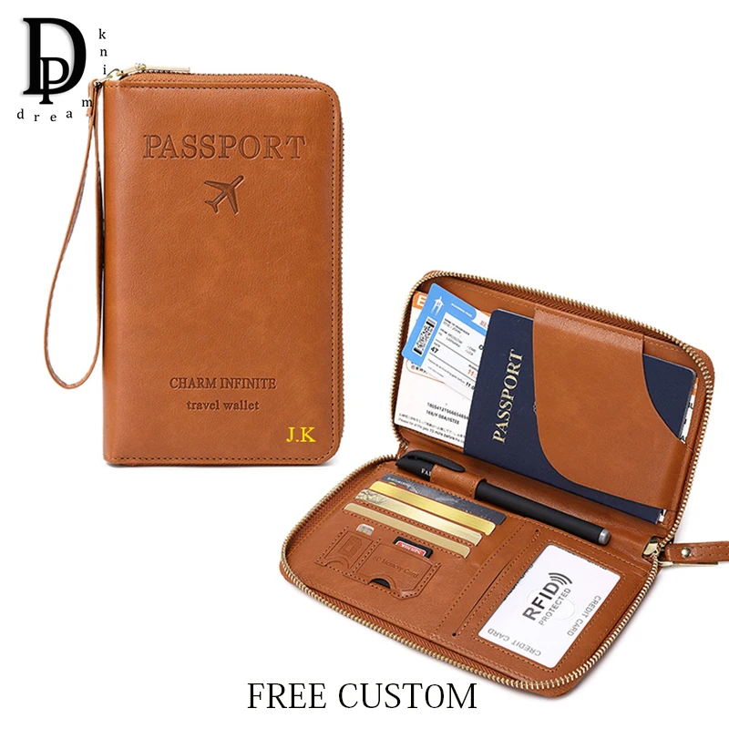 

Vintage Custom Name Passport Holder Zipper Large Capacity Travel Wallet Leather Engrave Initials Card Bags Luxury Fashion Purse
