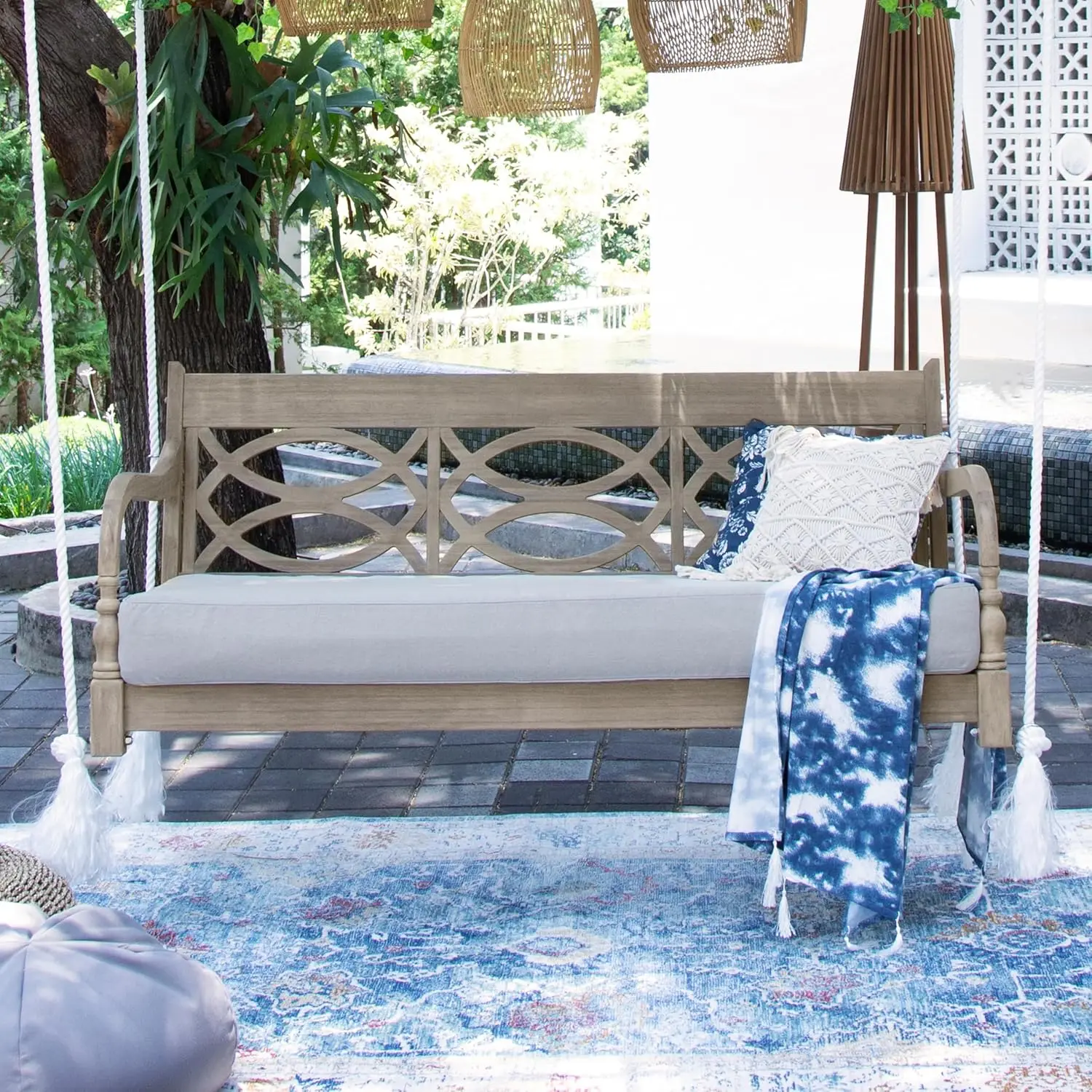 Teak Wood Outdoor Swing Daybed Oyster Cushion with Corrosion-Resistant Chains and Removable Cover Spacious 3-Seater Patio Swing 5