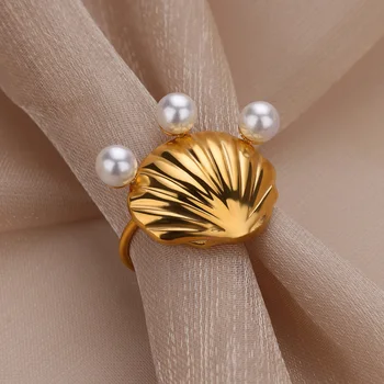 Crown Pearl Shell Rings for Women Stainless Steel Gold Color Adjustable Wedding Ring Aesthetic Fashion Waterproof Jewelry Gift