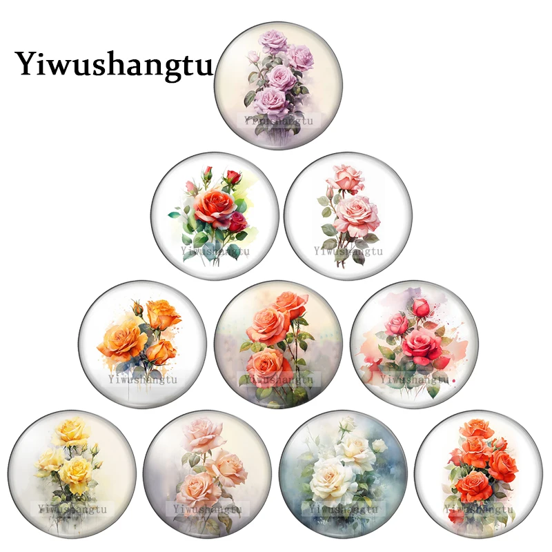 

Watercolor Bright Red rose flowers Art Paintings 8mm/12mm/20mm/25mm Round photo glass cabochon demo flat back Making findings