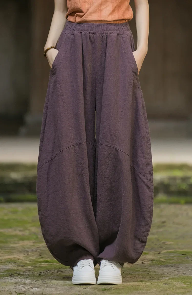 Chinese Style Curved Ramie Cotton Pants Vintage Loose Tai Chi Trousers