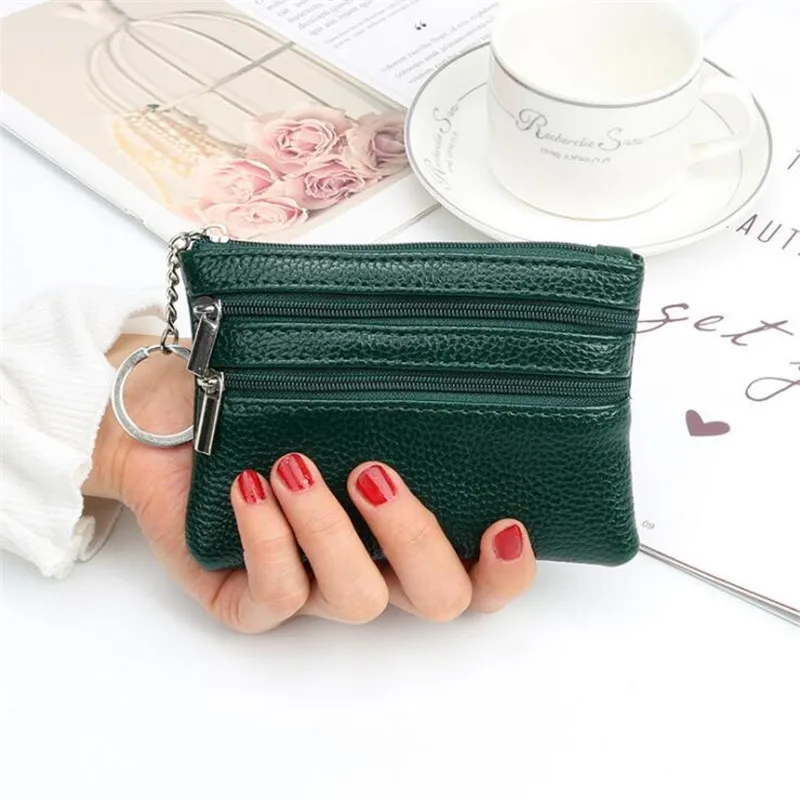 Women Wallet Coin Purse Card Wallet 2 Zip Genuine Leather Female Zipper Coin Purses Card Holder Children Storage Pocket Bags Pouch