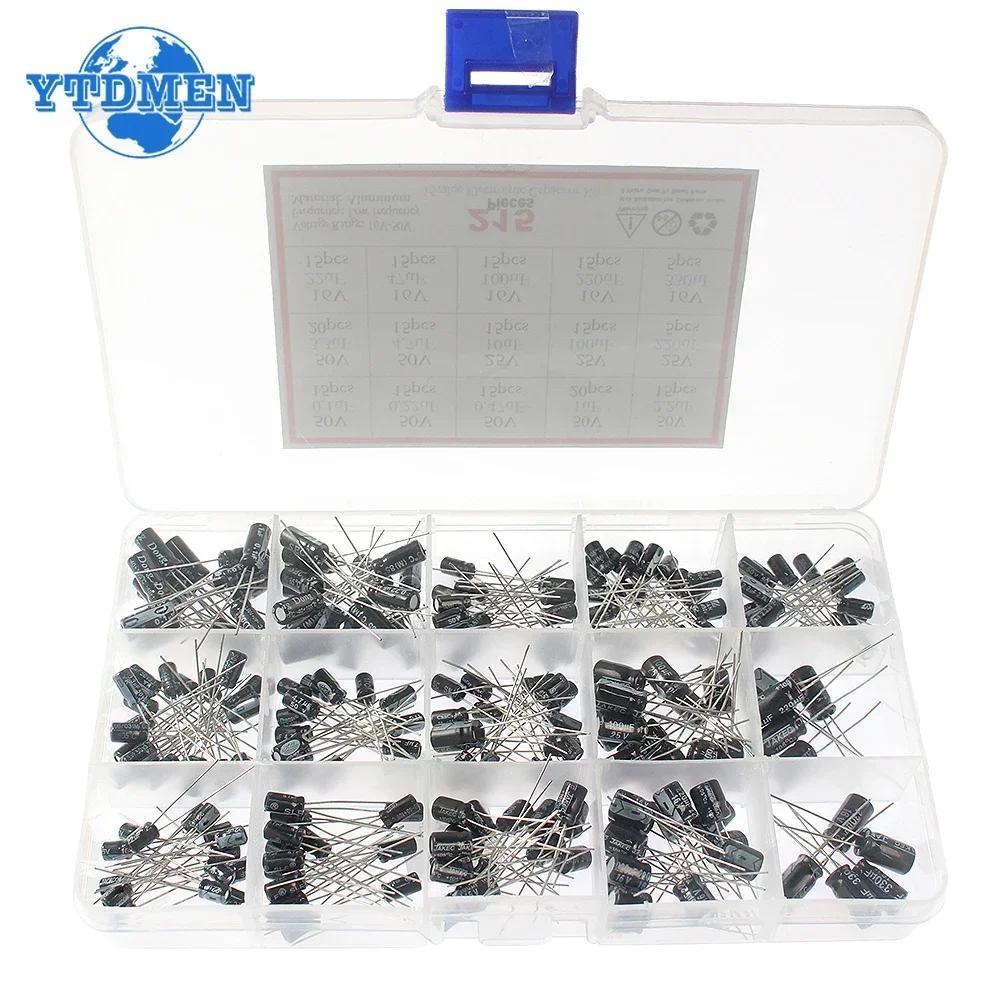 120/215pcs DIP Electrolyte Capacitor 16V 25V 50V Aluminum Electrolytic Capacitors Kit 1uF-470uF/0.1uF-330uf Capacitance with Box