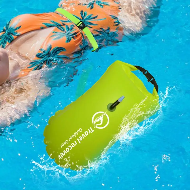 Inflatable Open Swimming Buoy Tow Float Dry Bag Double Air Bag with Waist Belt for Water Sport Swimming Storage Float Tools